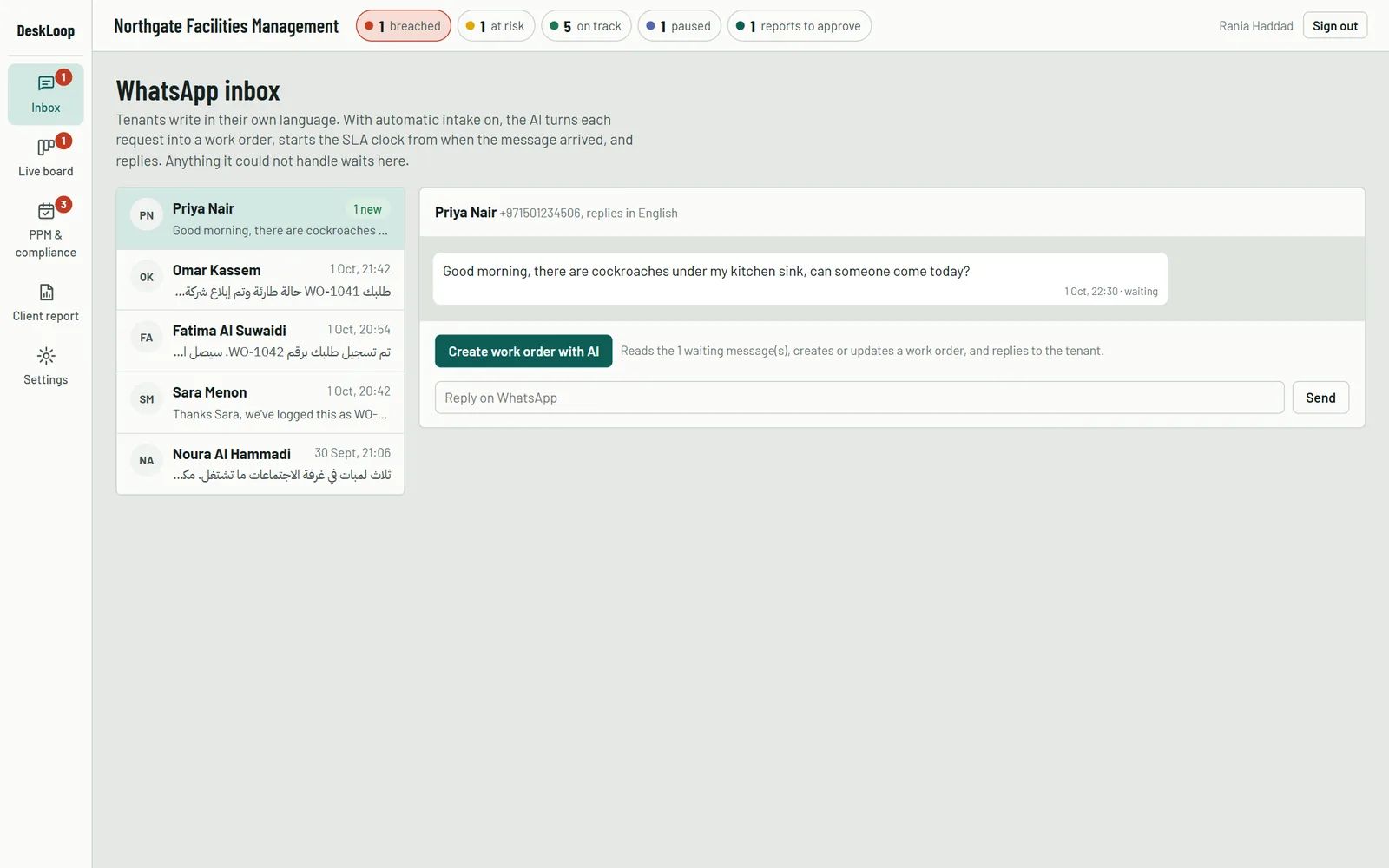 DeskLoop WhatsApp inbox: tenant messages in English and Arabic turned into work orders