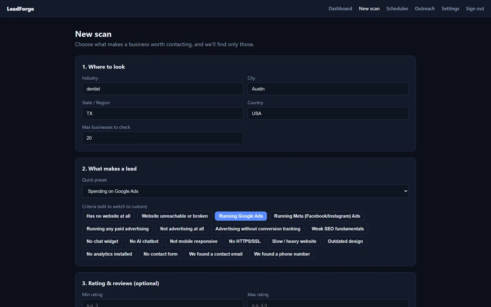 LeadForge new scan form: industry, city, country and lead criteria such as 'Running Google Ads'