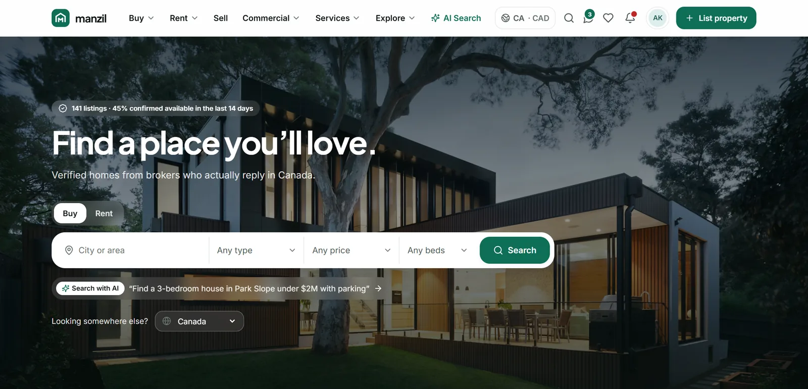 Manzil homepage: 'Find a place you'll love' with buy and rent search and a 'Search with AI' prompt