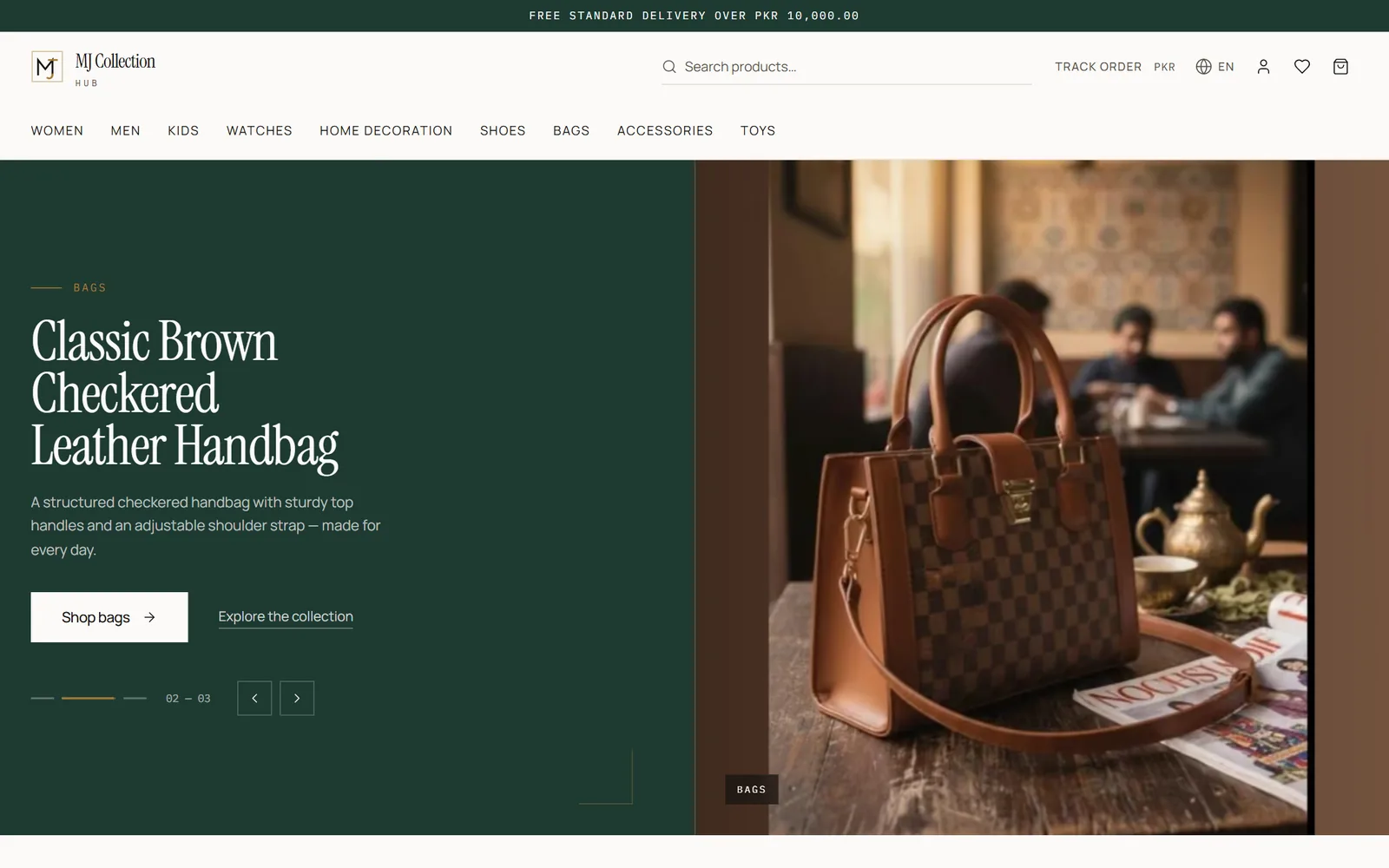 MJ Collection Hub storefront with departments, search and a collection banner