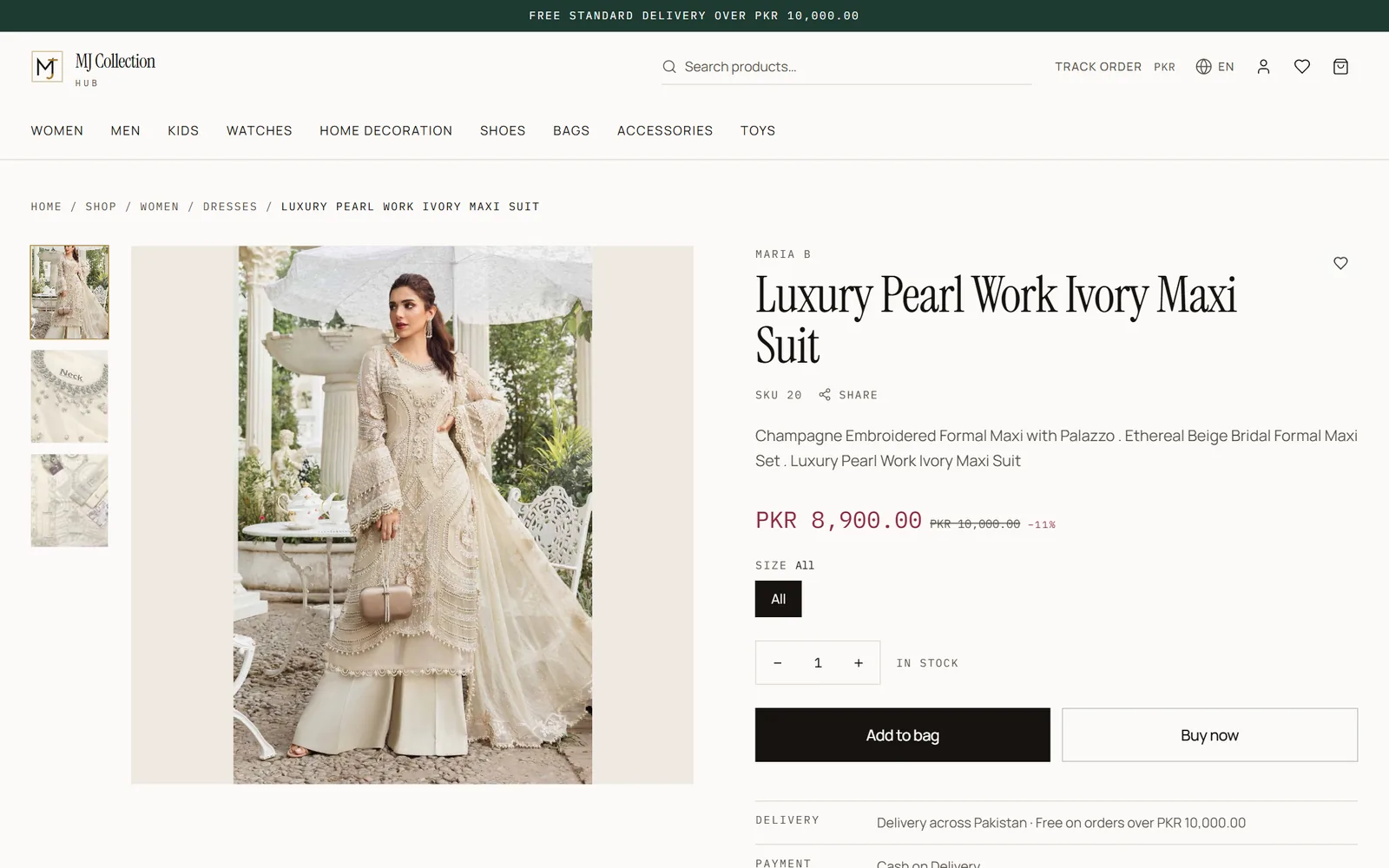 MJ Collection Hub product page with gallery, size and quantity