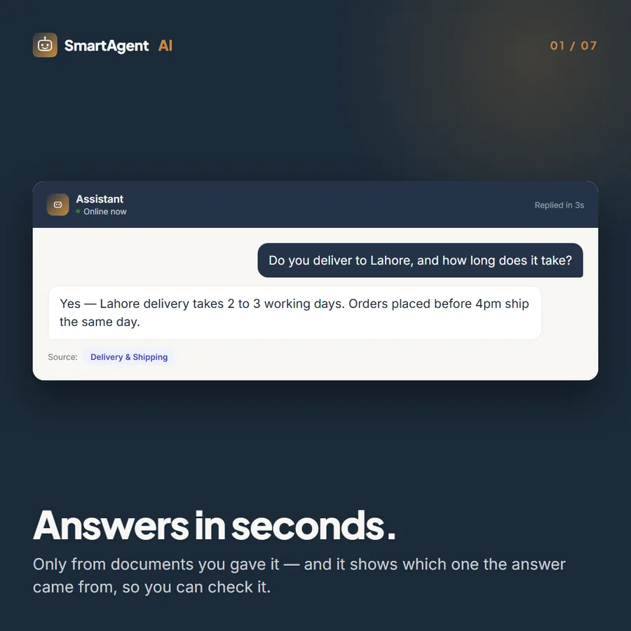 SmartAgent answering a delivery question and citing the source document