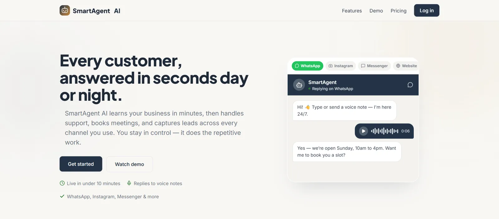 SmartAgent AI homepage: 'Every customer, answered in seconds day or night' with a WhatsApp conversation